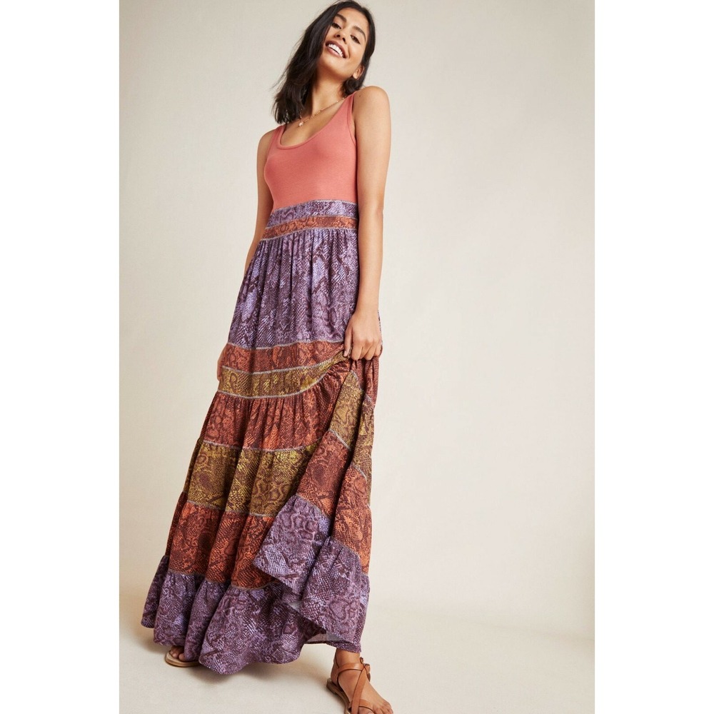 Anthropologie Colima Sleeveless Snakeskin Tiered Maxi Dress Women's Size Small